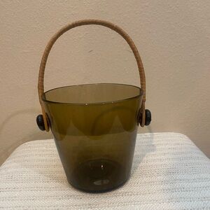 Vintage Brown Tinted Glass Bucket with Wrapped Rattan Handle